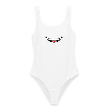Freches Grinsen – Cartoon-Mund mit roter Zunge - Frauen Badeanzug - Weiß - Vorne - AI Model Female 172 dark (172cm)