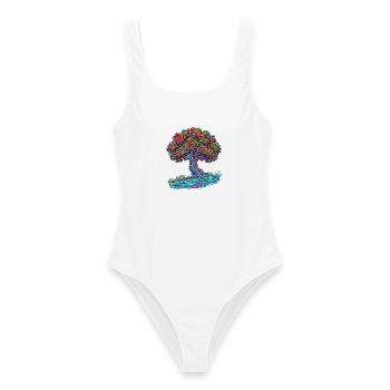 Baum des Lebens – Psychedelic Regenbogen Motiv - Frauen Badeanzug - Weiß - Vorne - AI Model Female 172 dark (172cm)