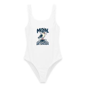 Moin! Ihr Spacken – Freche Möwe im Retro Look - Frauen Badeanzug - Weiß - Vorne - AI Model Female 172 dark (172cm)