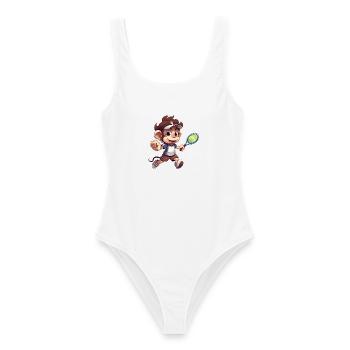 Tennis spielender Affe Schimpanse Cartoon - Frauen Badeanzug - Weiß - Vorne - AI Model Female 172 dark (172cm)
