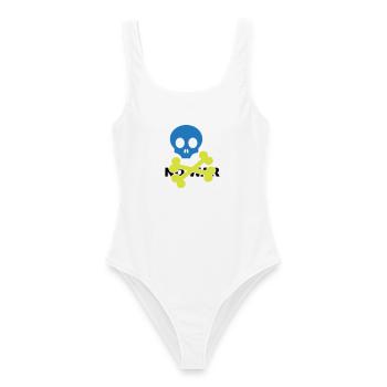 Neonblauer Totenkopf und gekreuzte Knochen - Frauen Badeanzug - Weiß - Vorne - AI Model Female 172 dark (172cm)