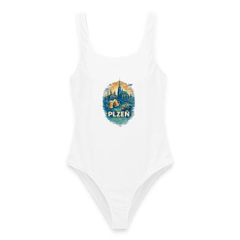Plzeň Skyline – Pilsen Silhouette Reise Motiv - Frauen Badeanzug - Weiß - Vorne - AI Model Female 172 dark (172cm)