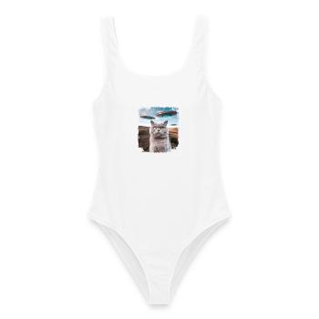 Funny British Shorthair Cat selfie with Alien UFOs - Women's Swimsuit - white - Front - AI Model Female 172 dark (172cm)