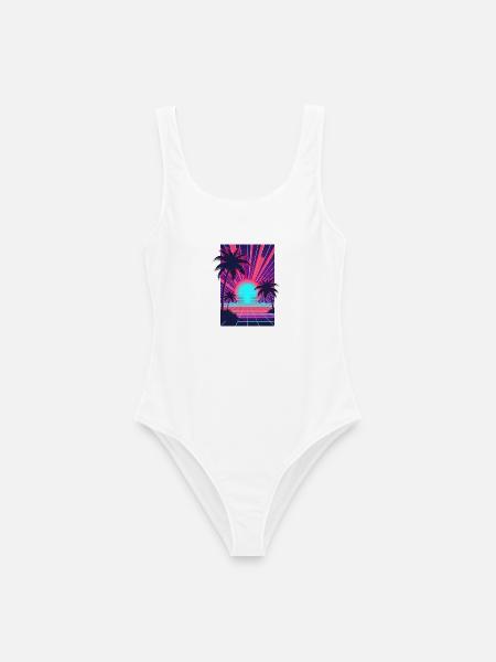 Neon-Sonnenuntergang am Palmenstrand - Frauen Badeanzug - Weiß