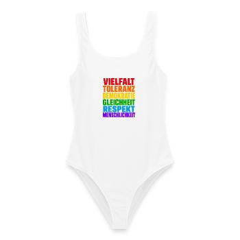 Vielfalt Toleranz Demokratie – Regenbogen Spruch - Frauen Badeanzug - Weiß - Vorne - AI Model Female 172 dark (172cm)