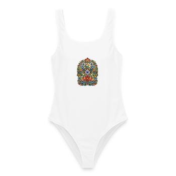 Indien | Pfauen, Lotus & Ornamentik - Frauen Badeanzug - Weiß - Vorne - AI Model Female 172 dark (172cm)