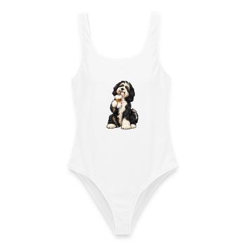 Tibet Terrier mit Latte Macchiato – Kaffeepause - Frauen Badeanzug - Weiß - Vorne - AI Model Female 172 dark (172cm)