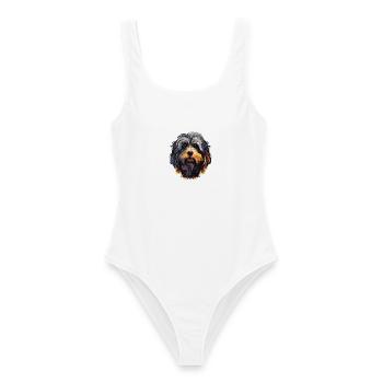 Hund Kopf Zottelig Schwarz Braun - Frauen Badeanzug - Weiß - Vorne - AI Model Female 172 dark (172cm)