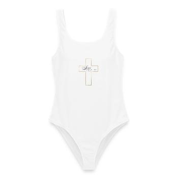 Jesus hat alles bezahlt - Frauen Badeanzug - Weiß - Vorne - AI Model Female 172 dark (172cm)