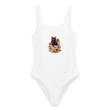 Schwarzer Kater in Teetasse mit Sonnenblumen - Frauen Badeanzug - Weiß - Vorne - AI Model Female 172 dark (172cm)