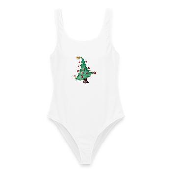 Aquarell-Weihnachtsbaum mit roten Ornamenten - Frauen Badeanzug - Weiß - Vorne - AI Model Female 172 dark (172cm)