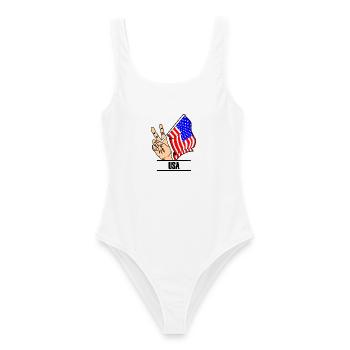 Drapeau des États-Unis, signe de paix, texte des États-Unis - Maillot de bain femme - blanc - Devant - AI Model Female 172 dark (172cm)
