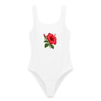 Tropische Blüte des roten Hibiskus - Frauen Badeanzug - Weiß - Vorne - AI Model Female 172 dark (172cm)