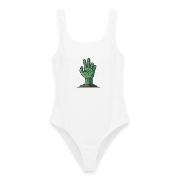 Grüne Zombie-Hand taucht aus dem Boden auf - Frauen Badeanzug - Weiß - Vorne - AI Model Female 172 dark (172cm)