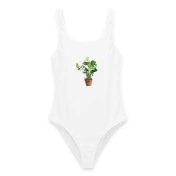 Monstera im Topf – Dschungelblätter - Frauen Badeanzug - Weiß - Vorne - AI Model Female 172 dark (172cm)