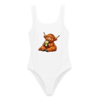 Highland Cattle mit Matcha Latte – Kuhmotiv - Frauen Badeanzug - Weiß - Vorne - AI Model Female 172 dark (172cm)