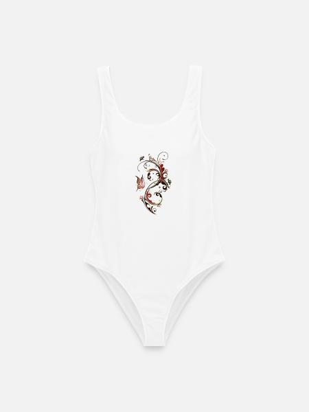 Blumenranke mit Schmetterling, rot und braun - Frauen Badeanzug - Weiß