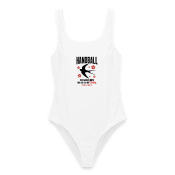 Handball Spruch – Schwalben nur im Frühling - Frauen Badeanzug - Weiß - Vorne - AI Model Female 172 dark (172cm)