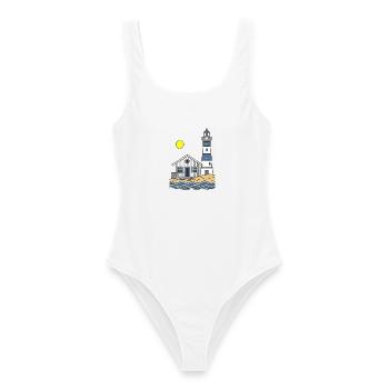 Leuchtturm und Strandhaus am Meer - Frauen Badeanzug - Weiß - Vorne - AI Model Female 172 dark (172cm)