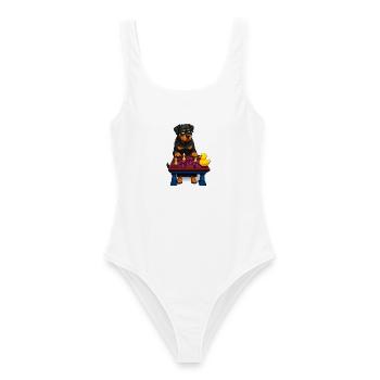 Rottweiler spielt Schachente – lustiges Design - Frauen Badeanzug - Weiß - Vorne - AI Model Female 172 dark (172cm)