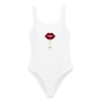 Verführerischer Kussmund Spruch Shirt "Sip. Seduce - Frauen Badeanzug - Weiß - Vorne - AI Model Female 172 dark (172cm)