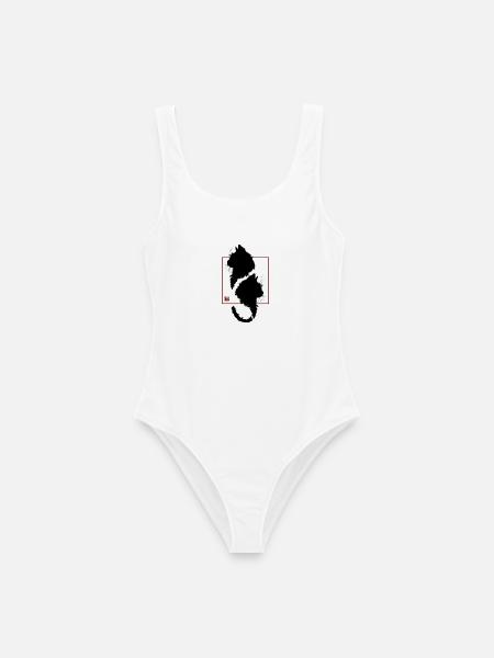 Minimalistischer roter Rahmen, schwarze Katze in Japan - Frauen Badeanzug - Weiß