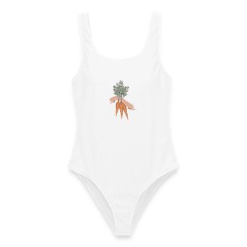 Trois carottes dans un bouquet avec bannière vierge - Maillot de bain femme - blanc - Devant - AI Model Female 172 dark (172cm)