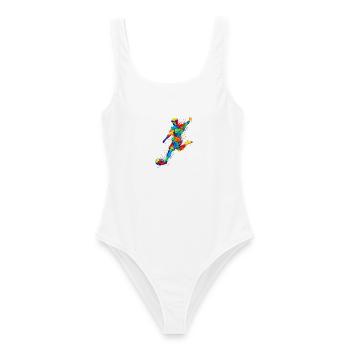 Fußballspieler im Splash-Art Fußball - Frauen Badeanzug - Weiß - Vorne - AI Model Female 172 dark (172cm)