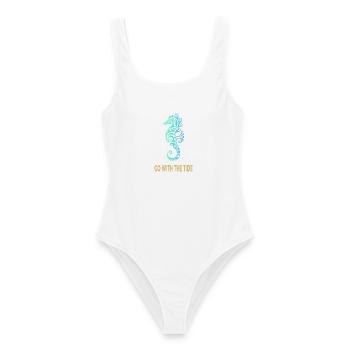 Go With The Tide – Seepferdchen Meeresmotiv - Frauen Badeanzug - Weiß - Vorne - AI Model Female 172 dark (172cm)