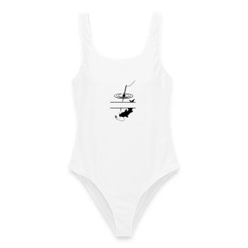 Flotteur de poisson et barre entre les deux pour votre propre texte - Maillot de bain femme - blanc - Devant - AI Model Female 172 dark (172cm)