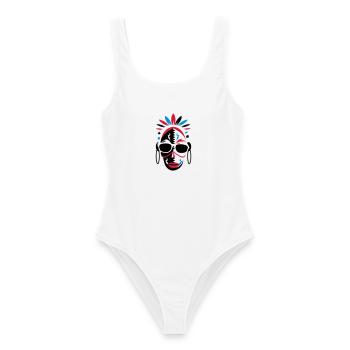 afrikanische Maske mit Sonnenbrille als Stencil - Frauen Badeanzug - Weiß - Vorne - AI Model Female 172 dark (172cm)