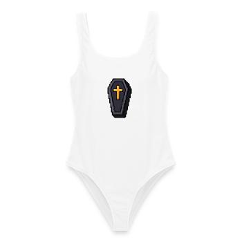 Pixel-Sarg mit goldenem Kreuz - Frauen Badeanzug - Weiß - Vorne - AI Model Female 172 dark (172cm)