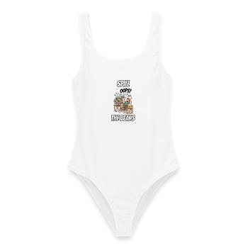 Spill the Beans – Lustige, wörtliche Idiom-Zeichentrickserie - Frauen Badeanzug - Weiß - Vorne - AI Model Female 172 dark (172cm)