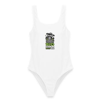 Bio oder nicht egal – Waschbär Mülltonne Shirt - Frauen Badeanzug - Weiß - Vorne - AI Model Female 172 dark (172cm)