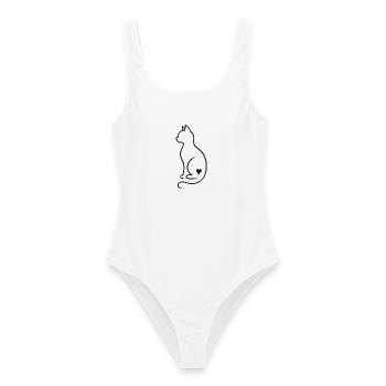 Dessin minimaliste au trait de chat – Design noir - Maillot de bain femme - blanc - Devant - AI Model Female 172 dark (172cm)