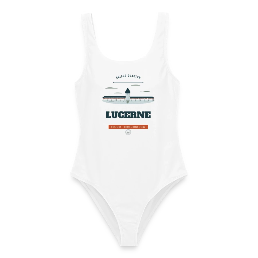 Lucerne badge on a women's swimsuit, white
