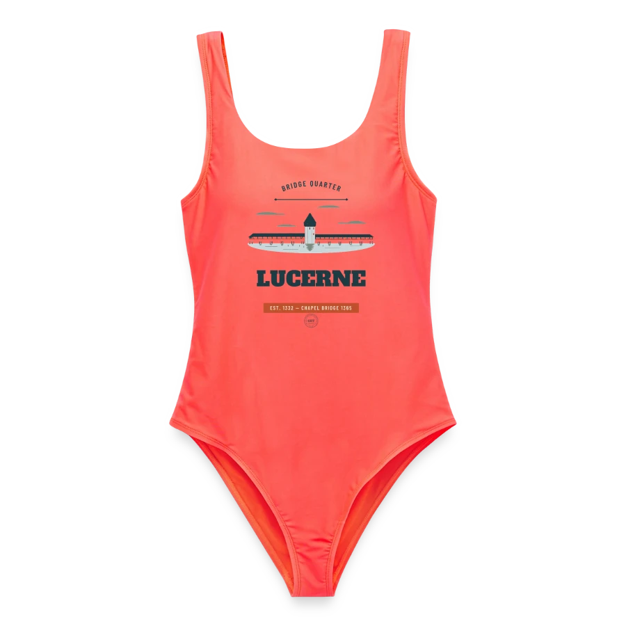 Lucerne badge on a women's swimsuit, coral