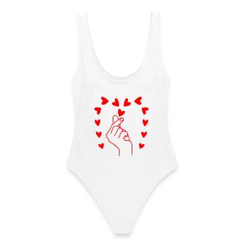 Finger Heart Love – Minimal Red Line Art Design - Frauen Badeanzug - Weiß - Hinten - AI Model Female 172 dark (172cm)