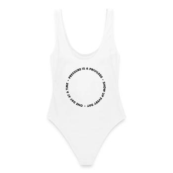 Pressure Is A Privilege Apparel  - Frauen Badeanzug - Weiß - Hinten - AI Model Female 172 dark (172cm)