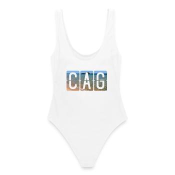 Flughafen Cagliari CAG - Frauen Badeanzug - Weiß - Hinten - AI Model Female 172 dark (172cm)