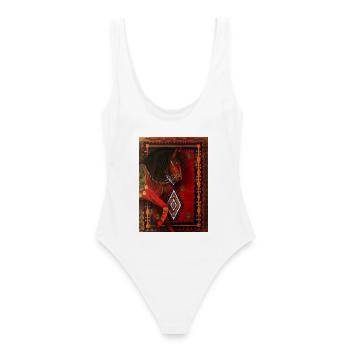 Rotes Pferd auf geometrischem Teppich - Frauen Badeanzug - Weiß - Hinten - AI Model Female 172 dark (172cm)