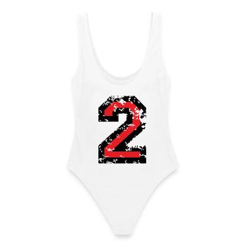Zahl 2 - Nummer 2 (Vintage Rot) Nr. 2 - Frauen Badeanzug - Weiß - Hinten - AI Model Female 172 dark (172cm)