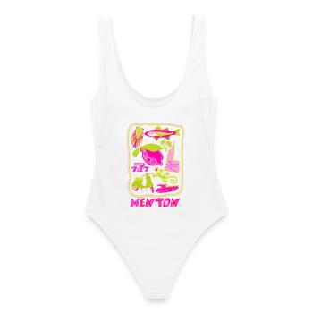 Menton Pop art -Illustration colorée estivale - Maillot de bain femme - blanc - Dos - AI Model Female 172 dark (172cm)