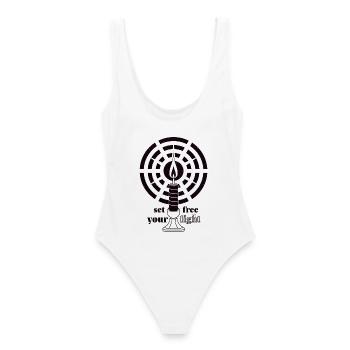 Dark Magenta Glow – Minimalist Art Deco Candle - Women's Swimsuit - white - Back - AI Model Female 172 dark (172cm)