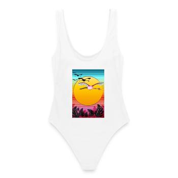 Fliegende Flamingos im Sonnenuntergang - Frauen Badeanzug - Weiß - Hinten - AI Model Female 172 dark (172cm)