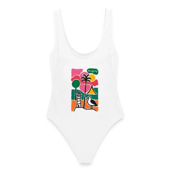 Strandpalmen Leuchtturm Abendrot - Frauen Badeanzug - Weiß - Hinten - AI Model Female 172 dark (172cm)