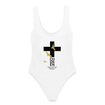CHOSEN Kreuz Tauben Gold Peace Chaos - Frauen Badeanzug - Weiß - Hinten - AI Model Female 172 dark (172cm)