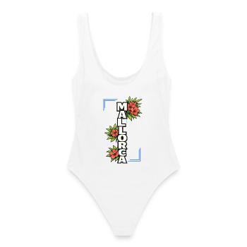 Mallorca Schriftzug mit Blumen und Sommerfeeling - Frauen Badeanzug - Weiß - Hinten - AI Model Female 172 dark (172cm)