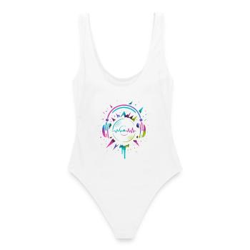 Neon Kopfhörer Vinyl, Techno Rave Sound - Frauen Badeanzug - Weiß - Hinten - AI Model Female 172 dark (172cm)