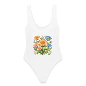Bunter Wildblumenstrauß mit Schmetterling Blumen - Frauen Badeanzug - Weiß - Hinten - AI Model Female 172 dark (172cm)